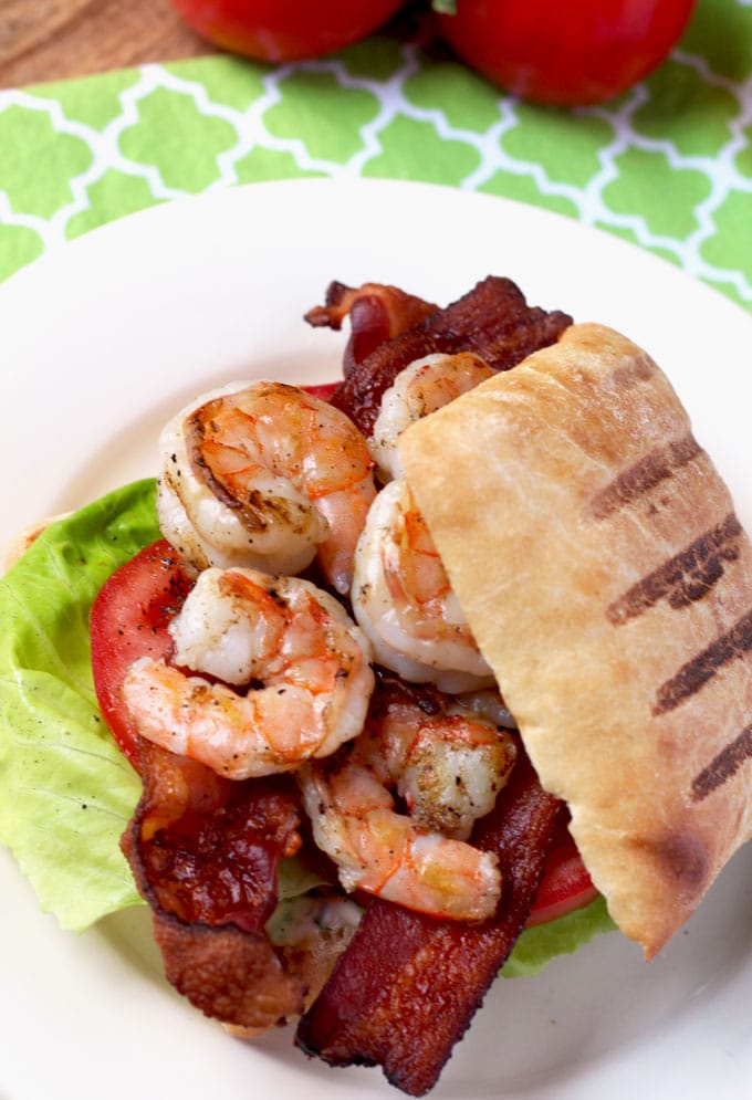 Top view of a Grilled Shrimp BLT Panini sandwich