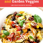 Pasta with Zucchini and garden veggies is a delicious vegetable pasta recipe loaded with flavor! This simple veggie pasta is smothered in a light tomato sauce and topped with Parmesan cheese!