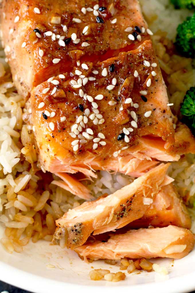 Oven Baked Salmon on a bed of rice.