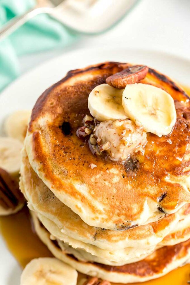Chocolate Chip Banana Pancakes with Maple Pecan Butter Lemon Blossoms