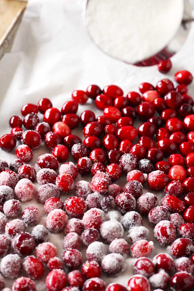 Sugared cranberries on a sheet pan