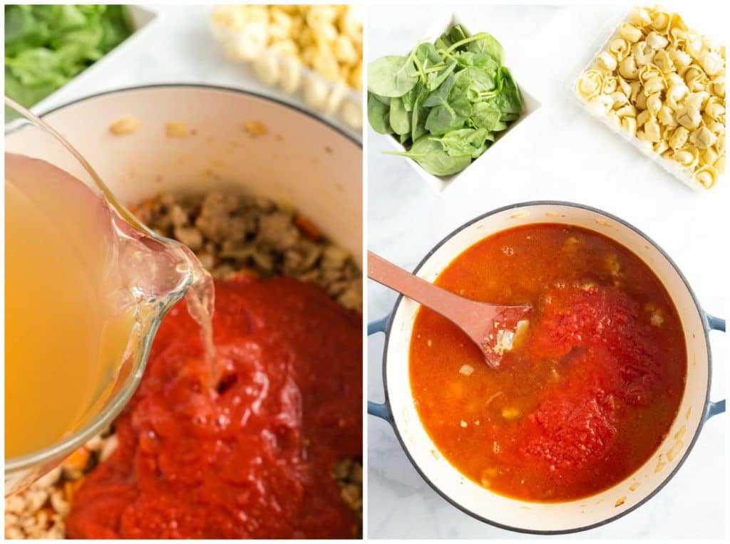 Step by step photos on how to make this soup. Adding crushed tomatoes and broth