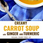 This creamy Carrot Soup is made with fresh carrots, ginger, turmeric and a touch of coconut milk. This delicious and easy to make carrot soup recipe is vegan, dairy free and gluten free.