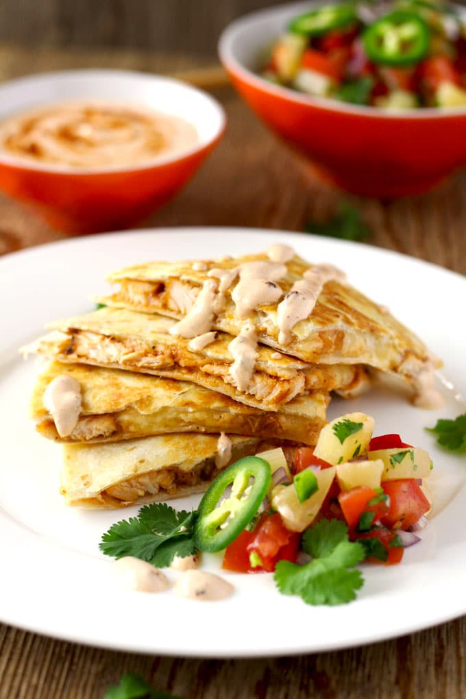 BBQ Chicken Quesadilla with Smoked Gouda, Pineapple Salsa and Chipotle Crema