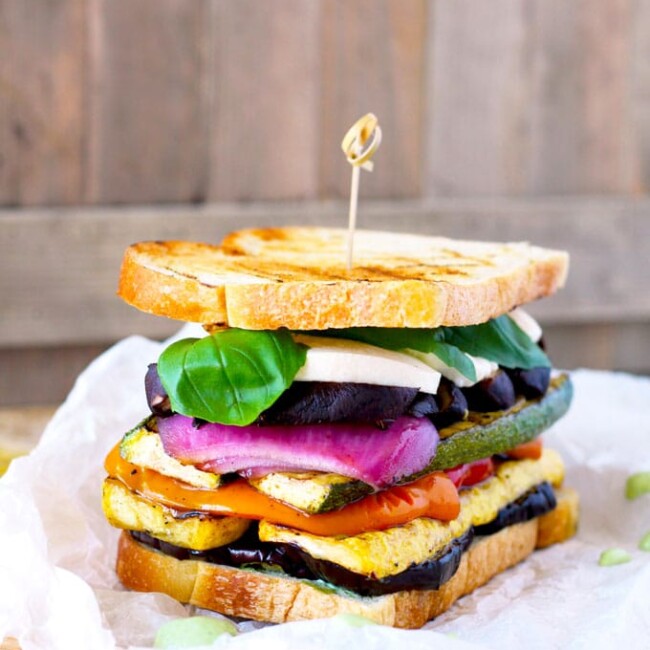 : Loaded with marinated grilled vegetables, fresh mozzarella and a super flavorful and easy to make basil aioli. The Ultimate Grilled Veggie Sandwich is a great vegetarian option that is healthy, filling and delicious. Trust me even meat lover will love this sandwich!!