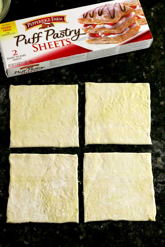 puff pastry sheets cut in four squares