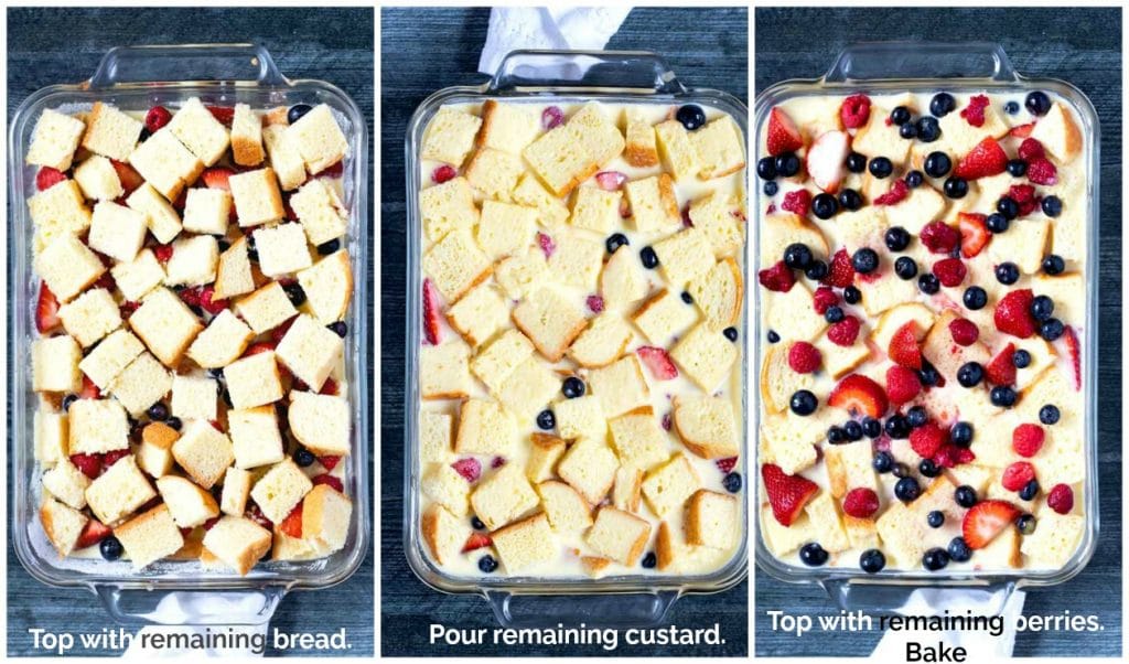Collage of Step By Step Instructions: Top berries with remaining bread cubes, top with remaining custard, top with remained berry mixture.