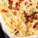 Creamy Mac N Cheese Carbonara in a baking dish with crispy topping.