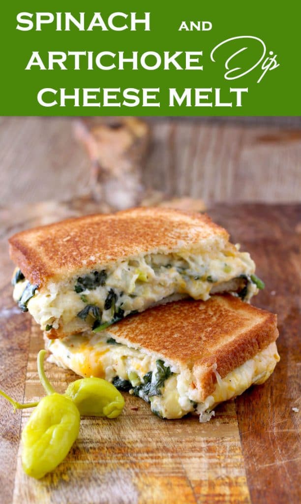 Buttery and toasty bread with an incredibly gooey and delicious filling. This easy Spinach and Artichoke Dip Cheese Melt is everything a grilled cheese sandwich should be and then some!! The addition of peperoncini adds brightness and zing to this delicious sandwich!