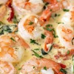 This Creamy Tuscan Shrimp is loaded with flavor! Succulent shrimp in creamy and rich garlic Parmesan sauce with sun dried tomatoes and spinach. The perfect easy shrimp recipe to impress your guests. #recipe #recipes #Italianfood #shrimp