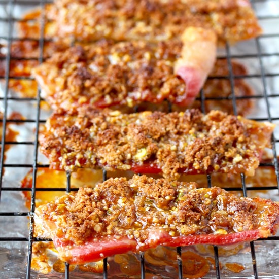 Crispy golden brown bacon on a baking rack.