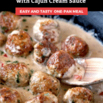 Pin image of chicken meatballs with creamy sauce in a skillet