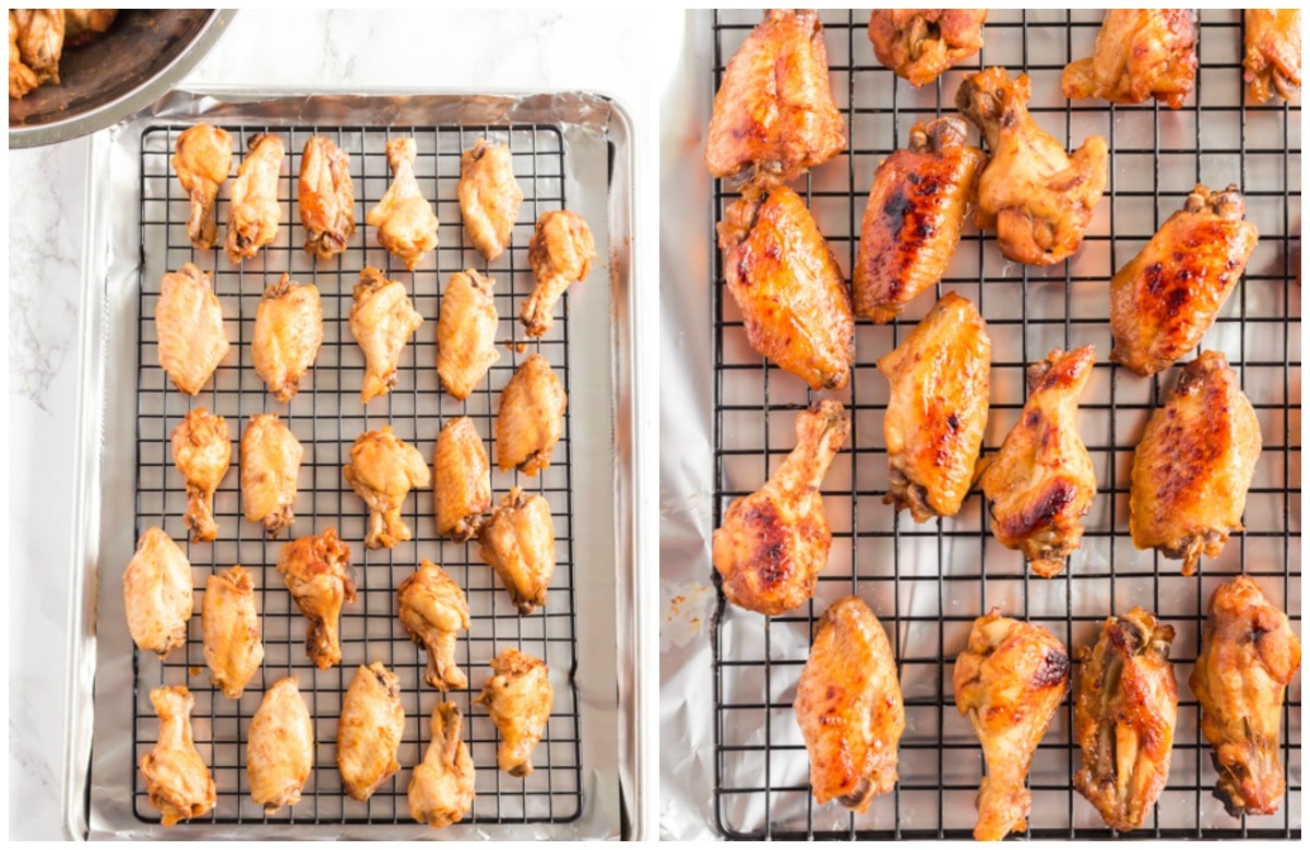 How To Make Wings in a slow cooker step by step photos. Wings on a rack. Broiled, golden brown wings on a rack.