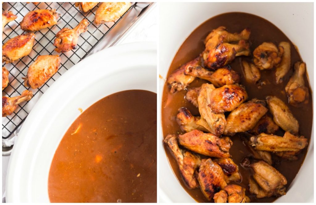 two photos showing bbq chicken wings simmering in bbq sauce in a crockpot
