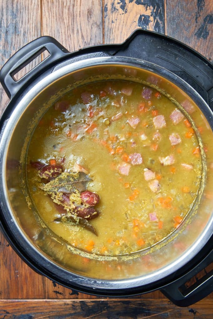 cooked instant pot split pea soup with a ham bone