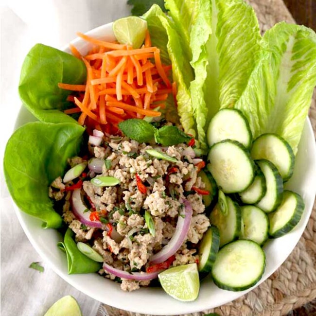 Birds eye view of a bowl filled with larb