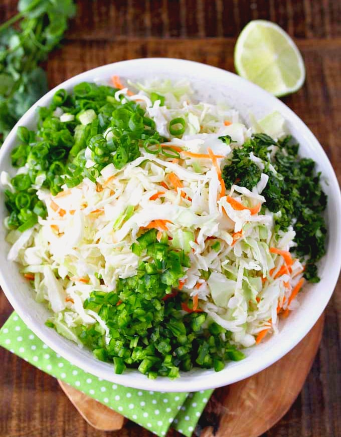 Ingredients to make this coleslaw recipe in a bowl.