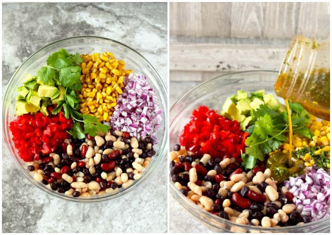 Collage of two photos, Salad ingredients in a glass bowl and vinaigrette poured over the salad in the other.