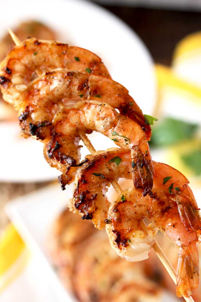Close up view of a Grilled Shrimp Skewer
