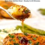 Pin image of skillet chicken breast with maple balsamic glaze.
