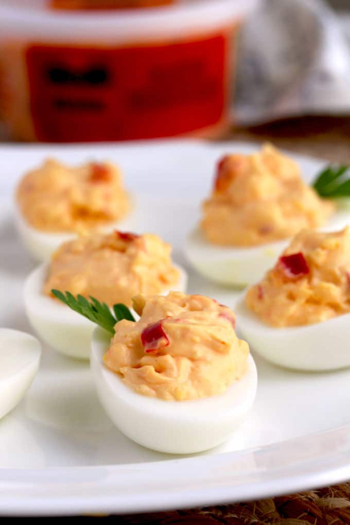 Close up of Pimento Cheese Deviled Eggs on a platter