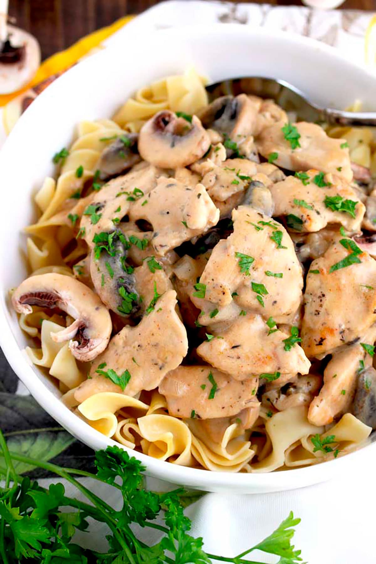 Chicken Stroganoff with creamy mushrooms on a white bowl.l