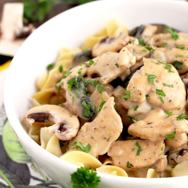 Chicken Stroganoff is made with tender chicken and mushrooms cooked in a creamy and decadent sauce. This Stroganoff recipe takes about 40 minutes to make and it's the perfect comfort food dish for weeknight meals!