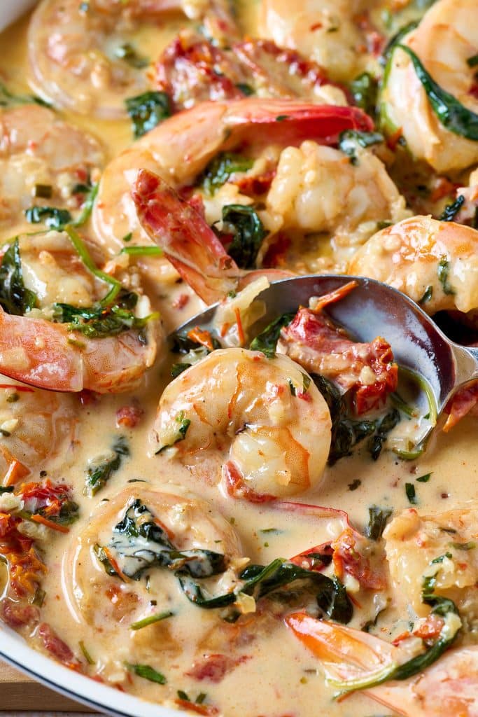 Close up view of creamy Tuscan Shrimp