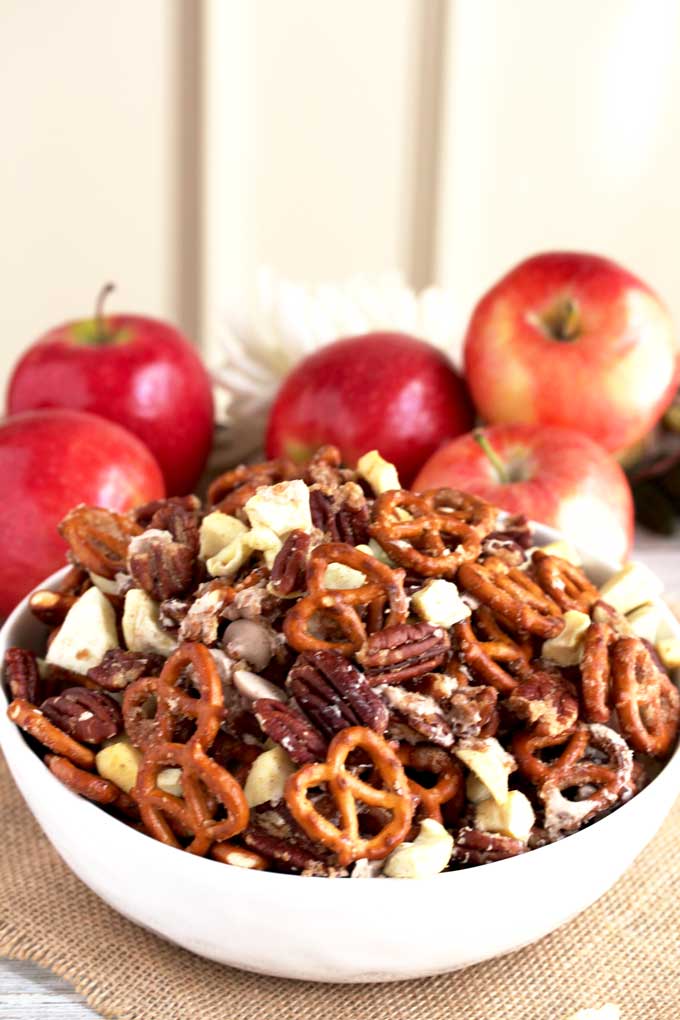 Caramel Apple Pie Party Mix in a bowl.