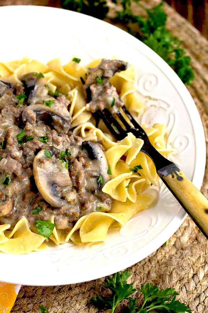 A bowl of egg noodles and creamy stroganoff
