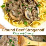 This Ground Beef Stroganoff features lean ground beef and sauteed mushrooms smothered in a creamy mushroom gravy. This easy to make, budget friendly meal is ready in under 30 minutes! Serve it over egg noodles for a fantastic and hearty weeknight meal!
