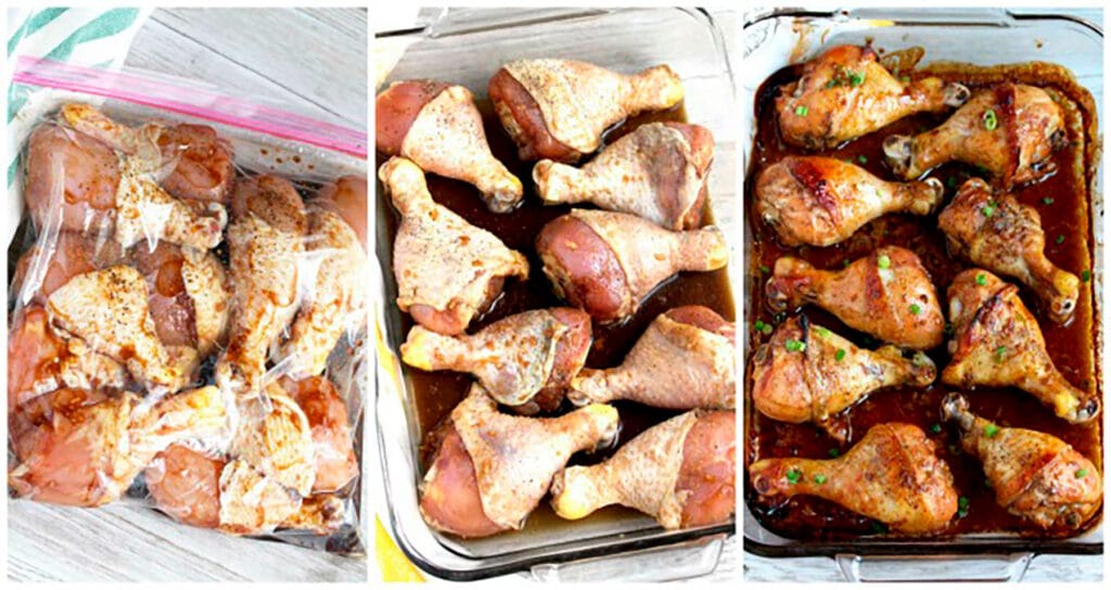 collage of photos on how to make baked chicken drumsticks with honey soy marinade step by step