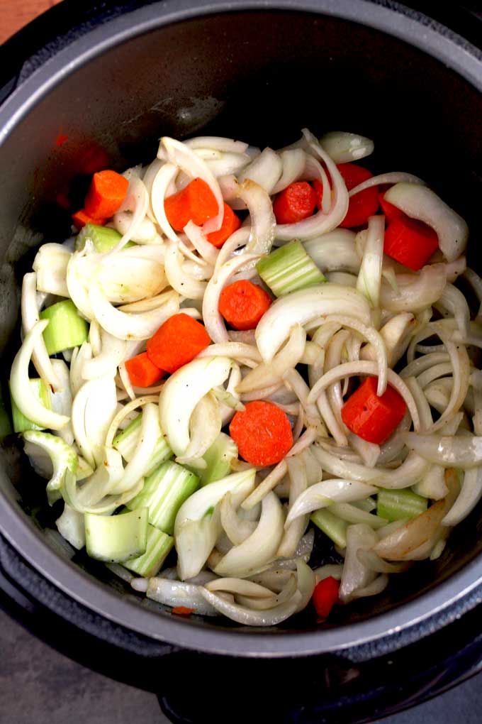 Onions, carrots and celery in the instant pot.