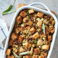 sausage and herb stuffing in a baking dish