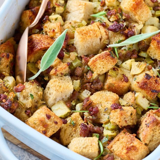 Thanksgiving Sausage stuffing in a bakind dish