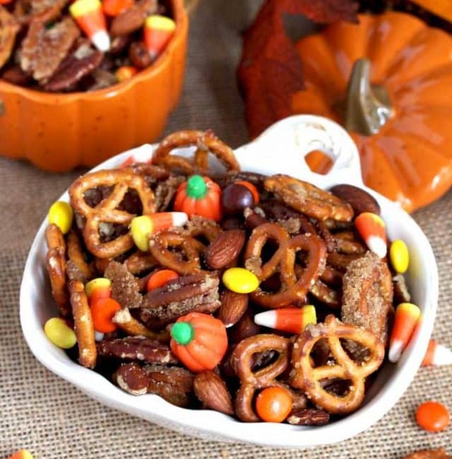 Pumpkin Spice Snack Mix served in fall theme bowls