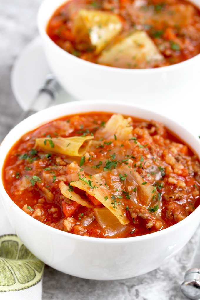 Hearty Cabbage Roll Soup in a white bowl.