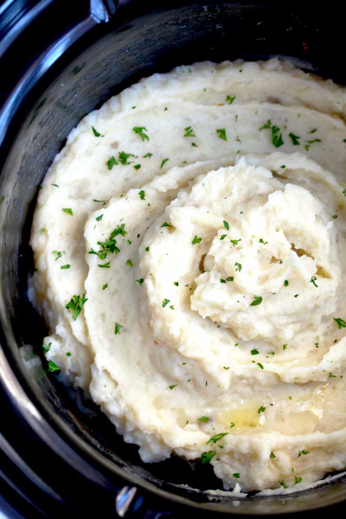 Creamy Slow Cooker Mashed Potatoes in the crock pot.