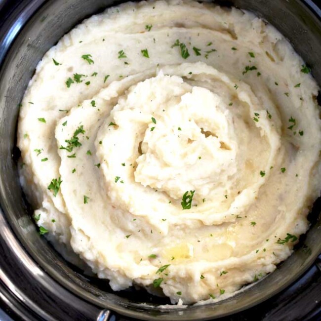 Creamy Slow Cooker Mashed Potatoes in the crock pot.