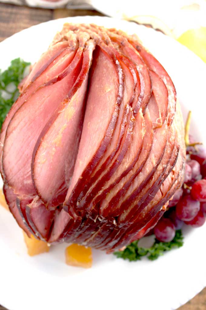 Top View of fan out slices of Slow Cooker Ham 