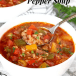 Pin image of a bowl filled with stuffed pepper soup