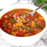 Stuffed Pepper Soup in a white bowl.