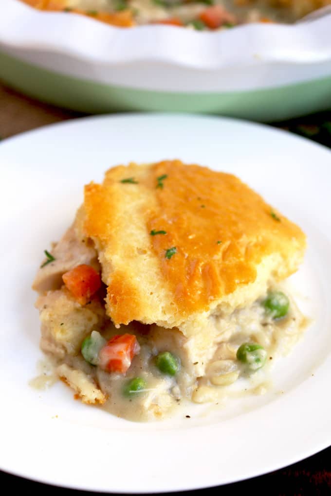 A serving of Turkey Pot Pie on a white plate.