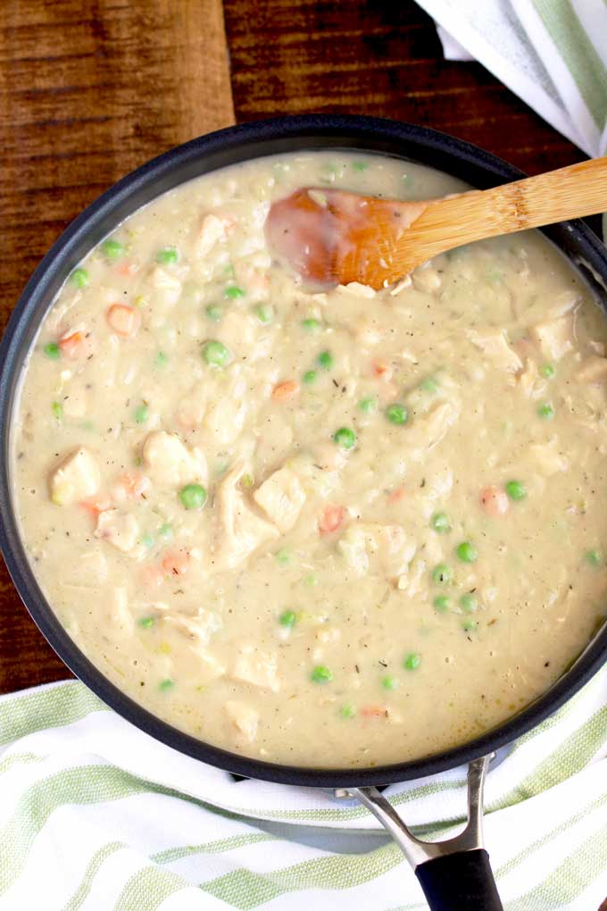 Turkey Pot Pie filling in a pan.