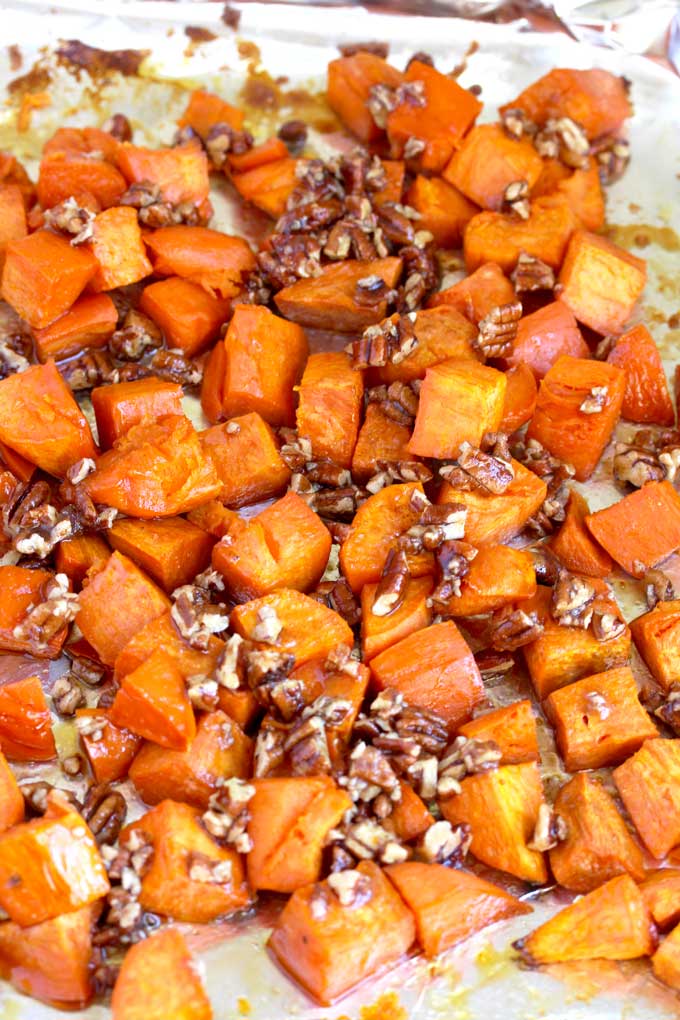 Candied sweet potatoes on a baking pan