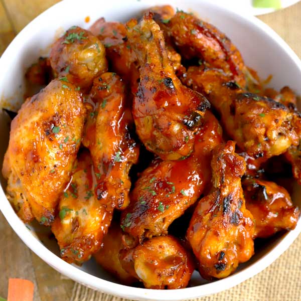 Top view of Buffalo Chicken Wings in a white bowl