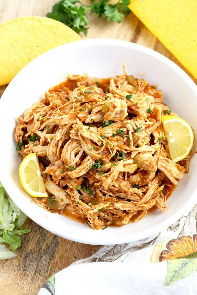 Top view of a bowl filled with Mexican Style Shredded Chicken.