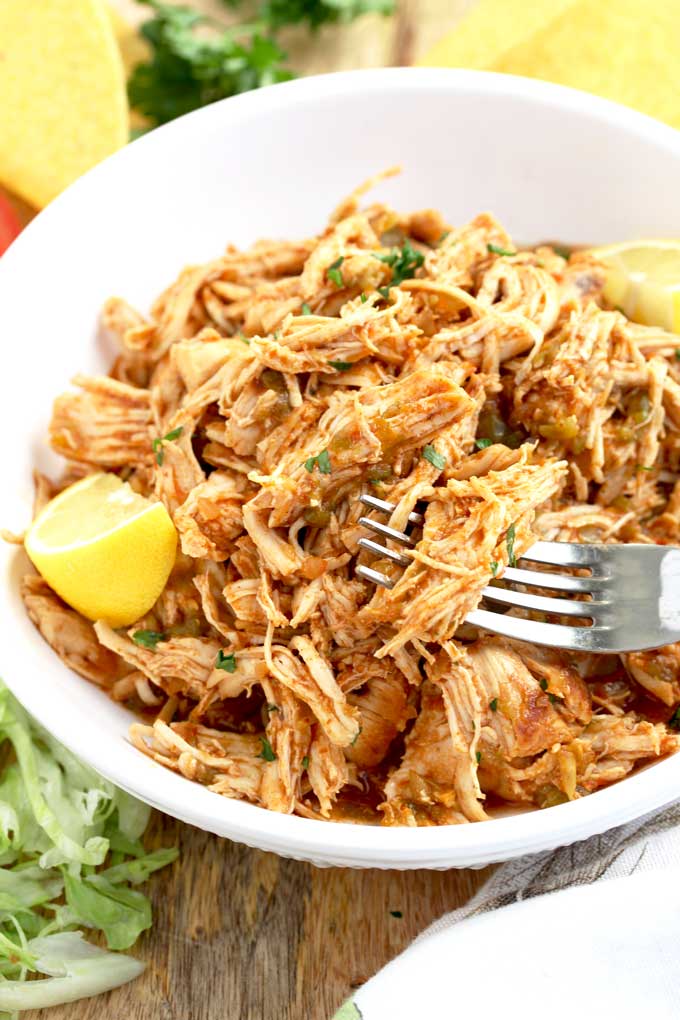 Instant Pot Shredded Chicken served in a white bowl.