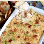 Pin image of bacon dip in a white baking dish