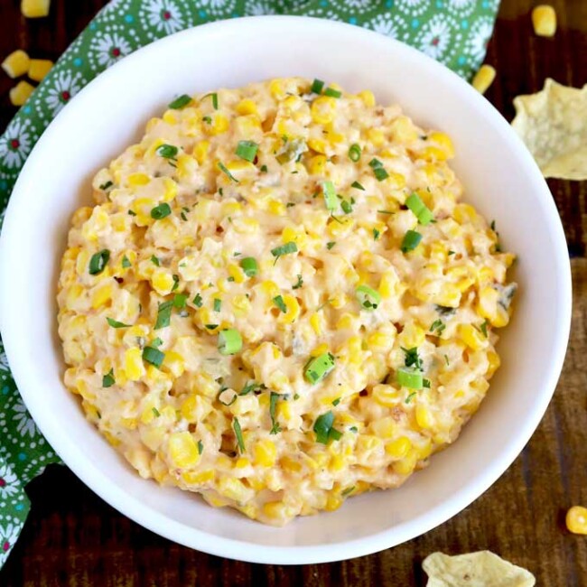 Overhead view of a bowl filled with corn dip.